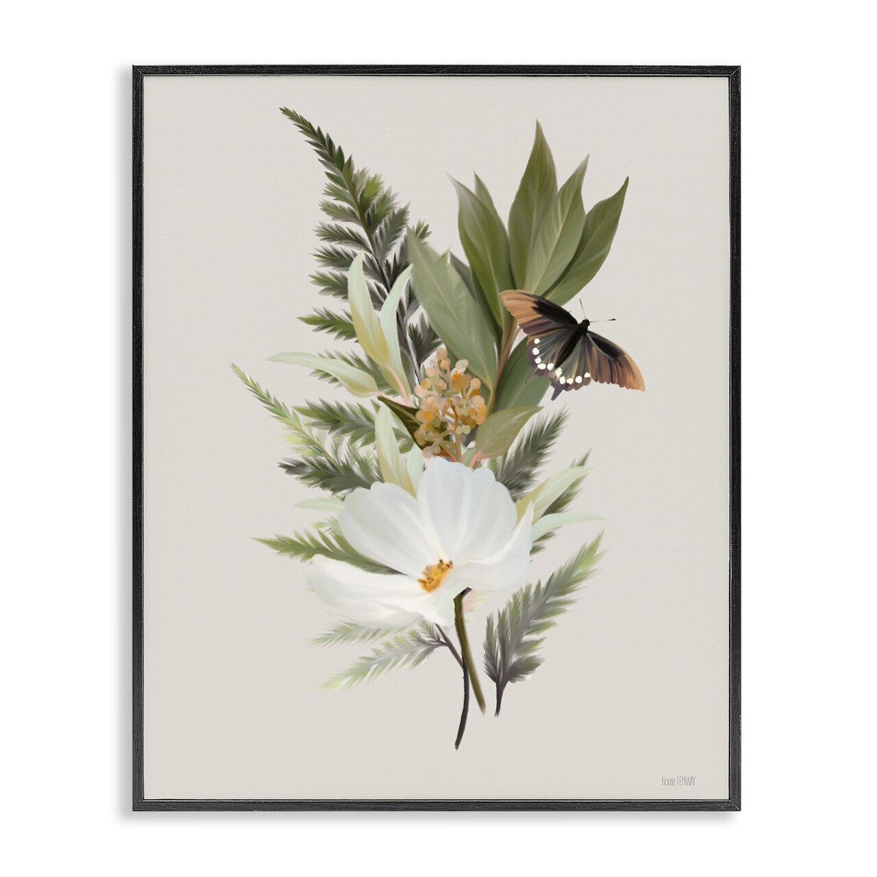 Stupell Industries Flower Sprigs & Butterfly Framed Giclee Design by House Fenway